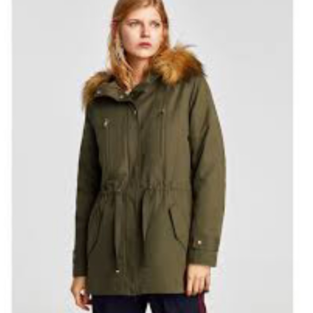 Zara Basic Outwear faux fur hooded parka coat
